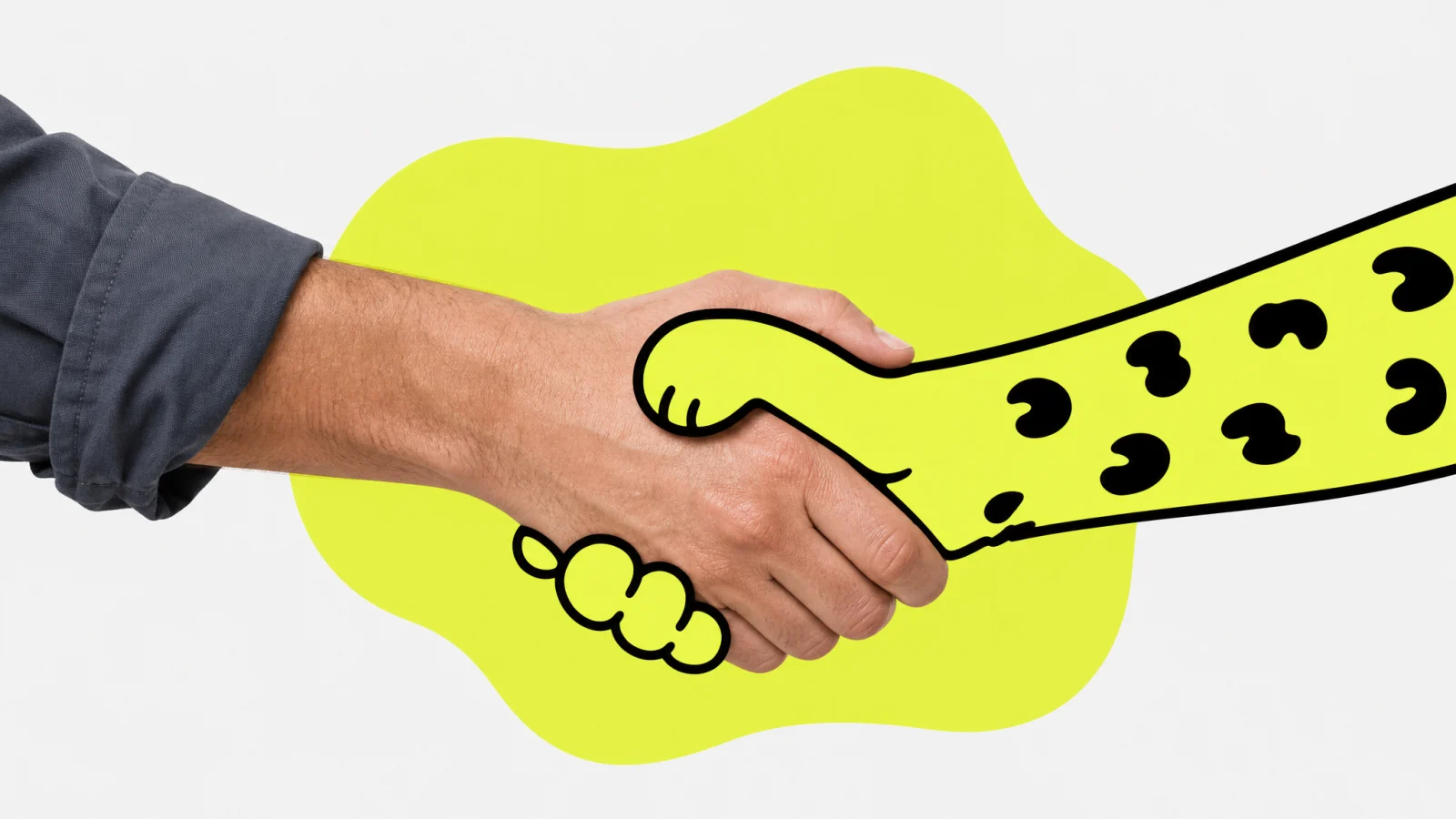 A small-business owner shaking hands with Leo, Kinro's illustrated leopard mascot
