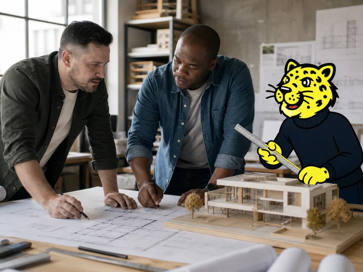 Architects reviewing plans and a scale model while Leo measures the design