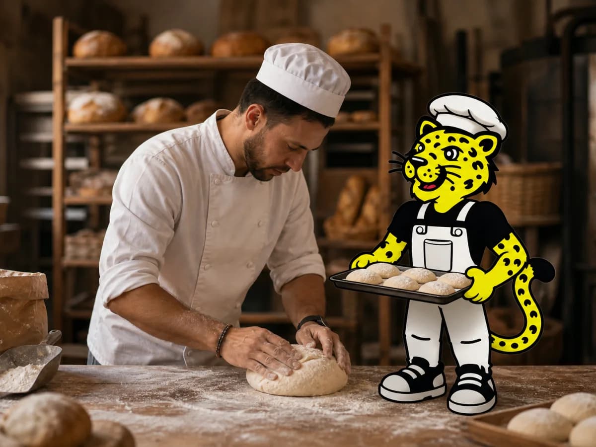 Baker preparing fresh pastries while Leo helps carry a tray
