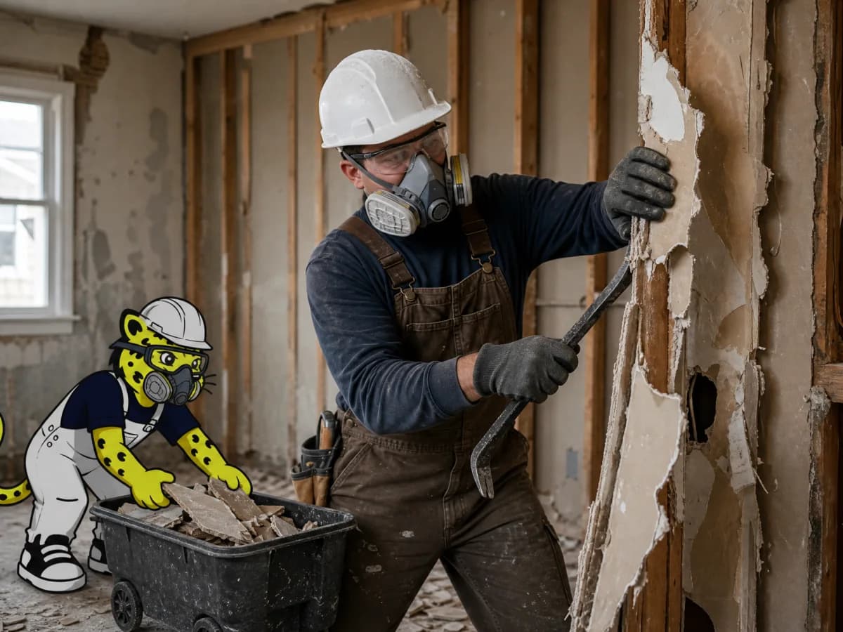 Demolition contractor operating heavy equipment while Leo helps manage the work zone