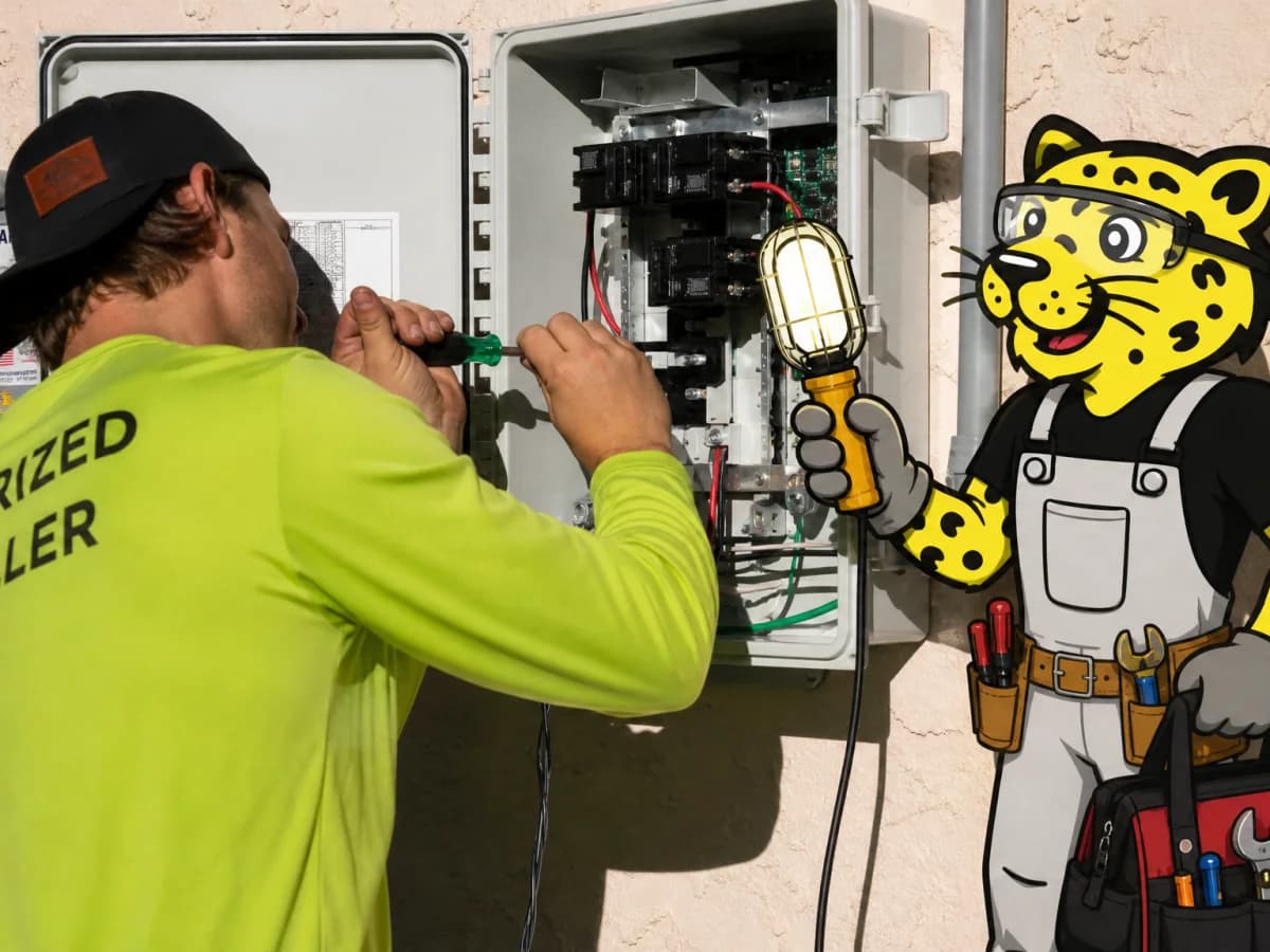 Electrician inspecting a panel while Leo holds a work light