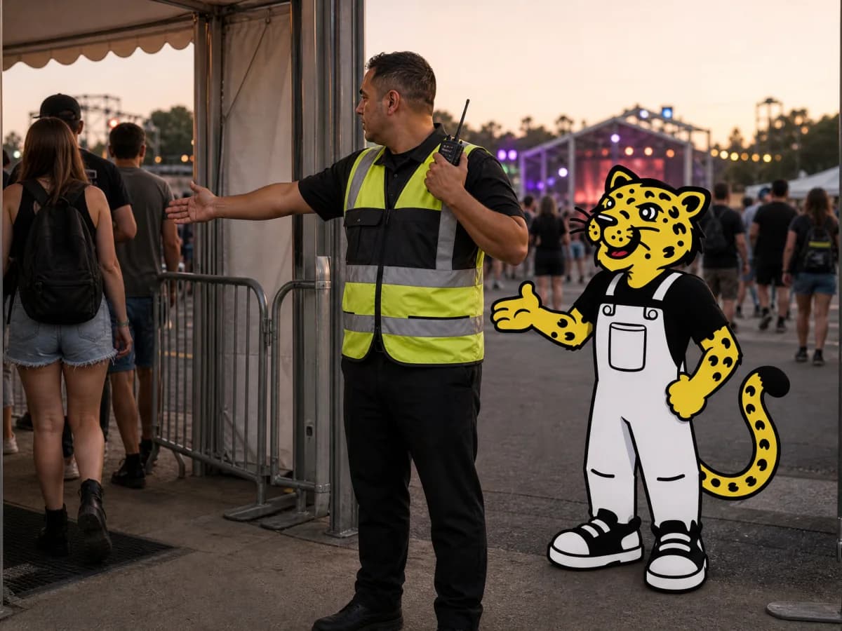 Event security team checking an attendee while Leo reviews the entry list