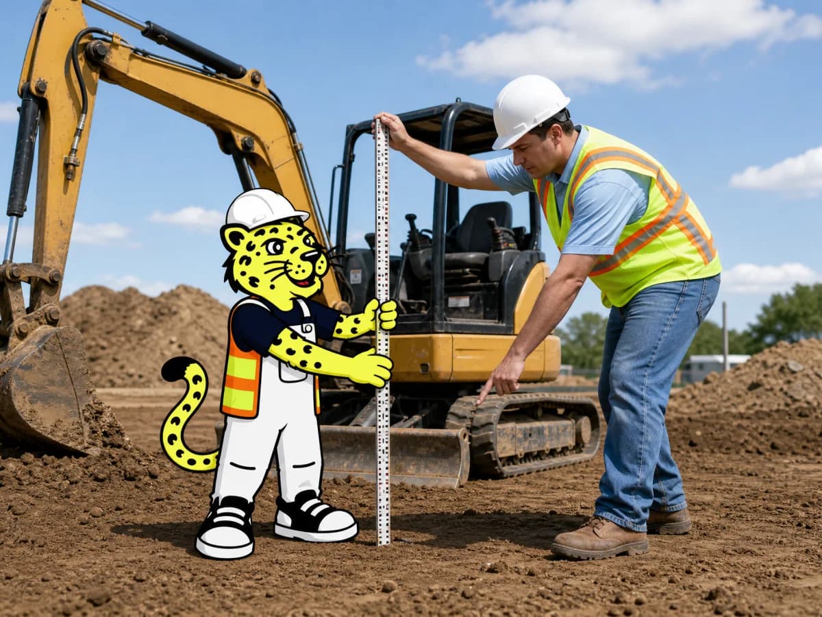 Excavator operator grading a jobsite while Leo checks the site plan