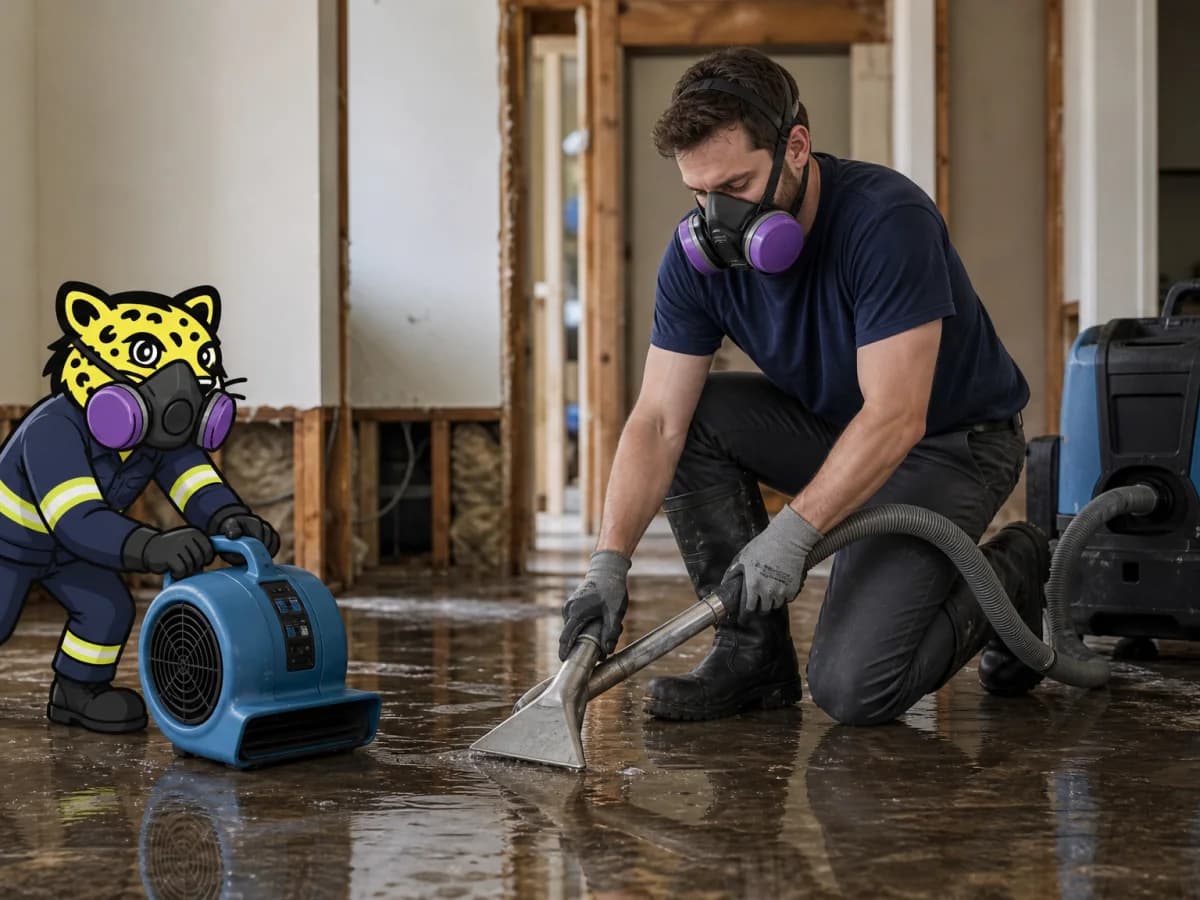 Restoration technician removing water damage while Leo helps inspect the room