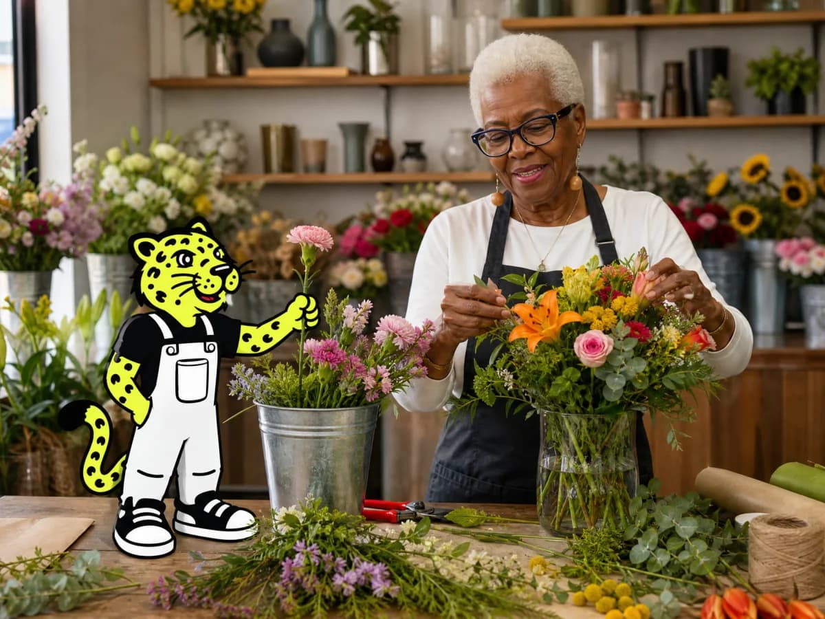 Florist arranging a bouquet while Leo offers another flower