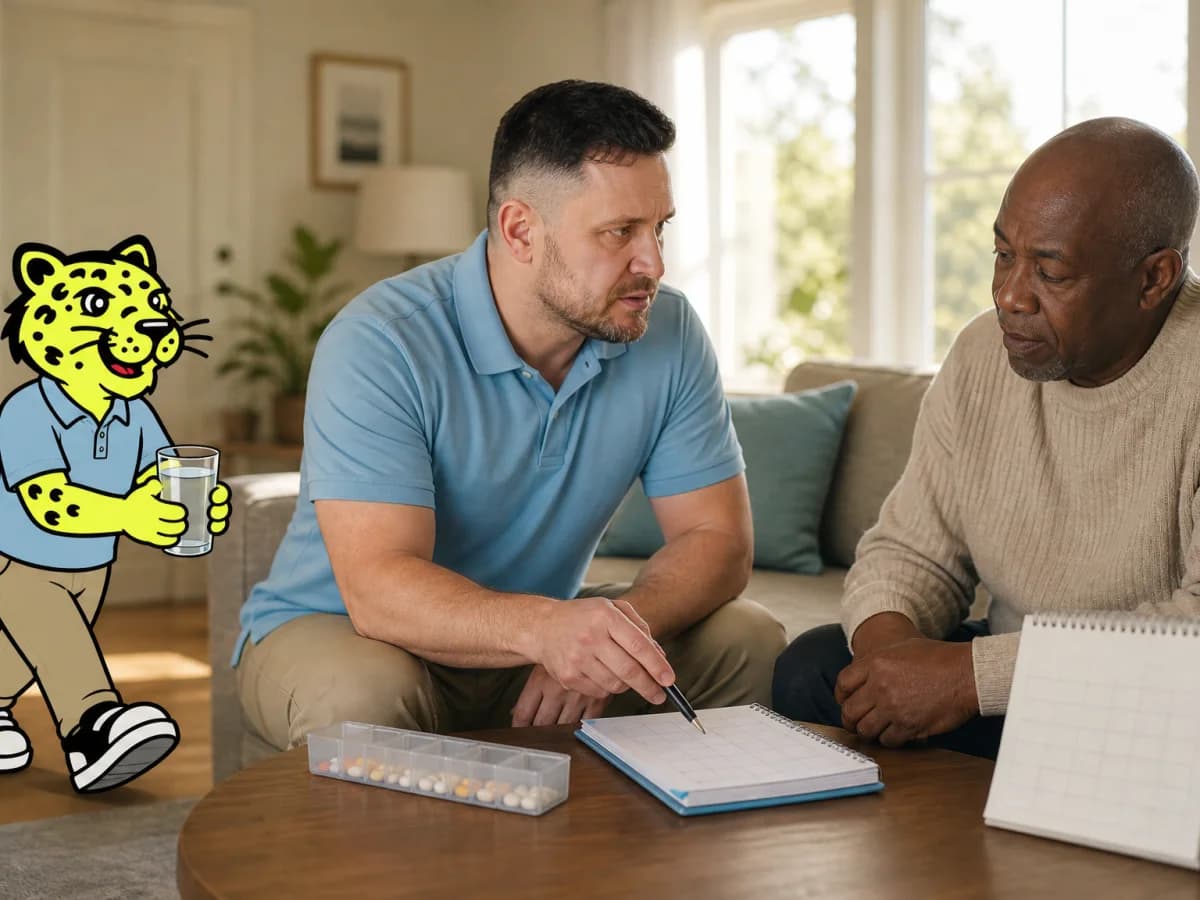 Home care professional reviewing a medication schedule while Leo brings water