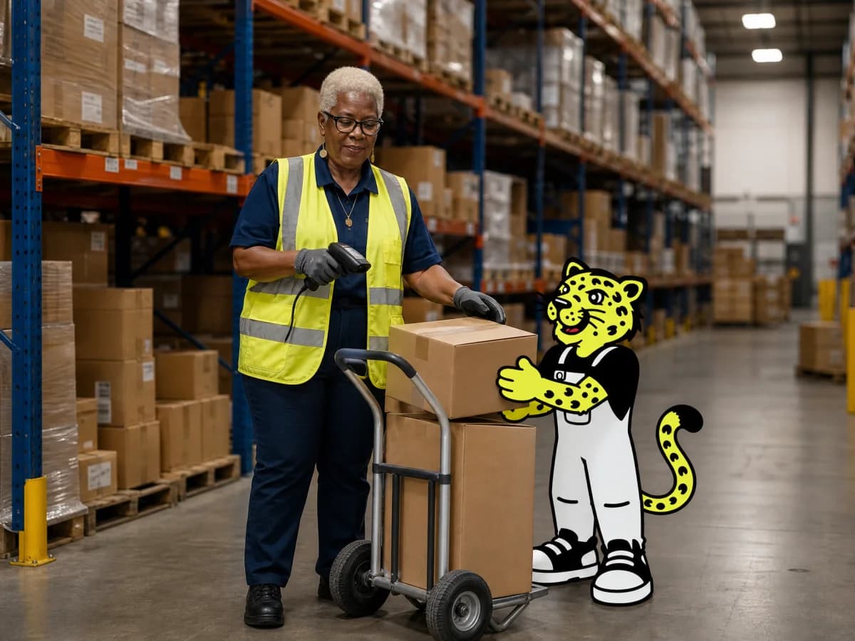Distribution team organizing warehouse inventory while Leo helps check a shipment