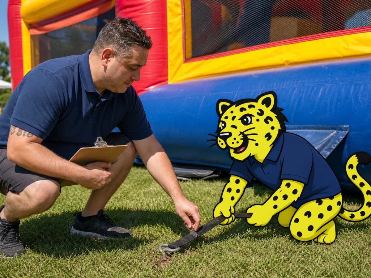 Inflatable operator inspecting a bounce house while Leo checks the anchors