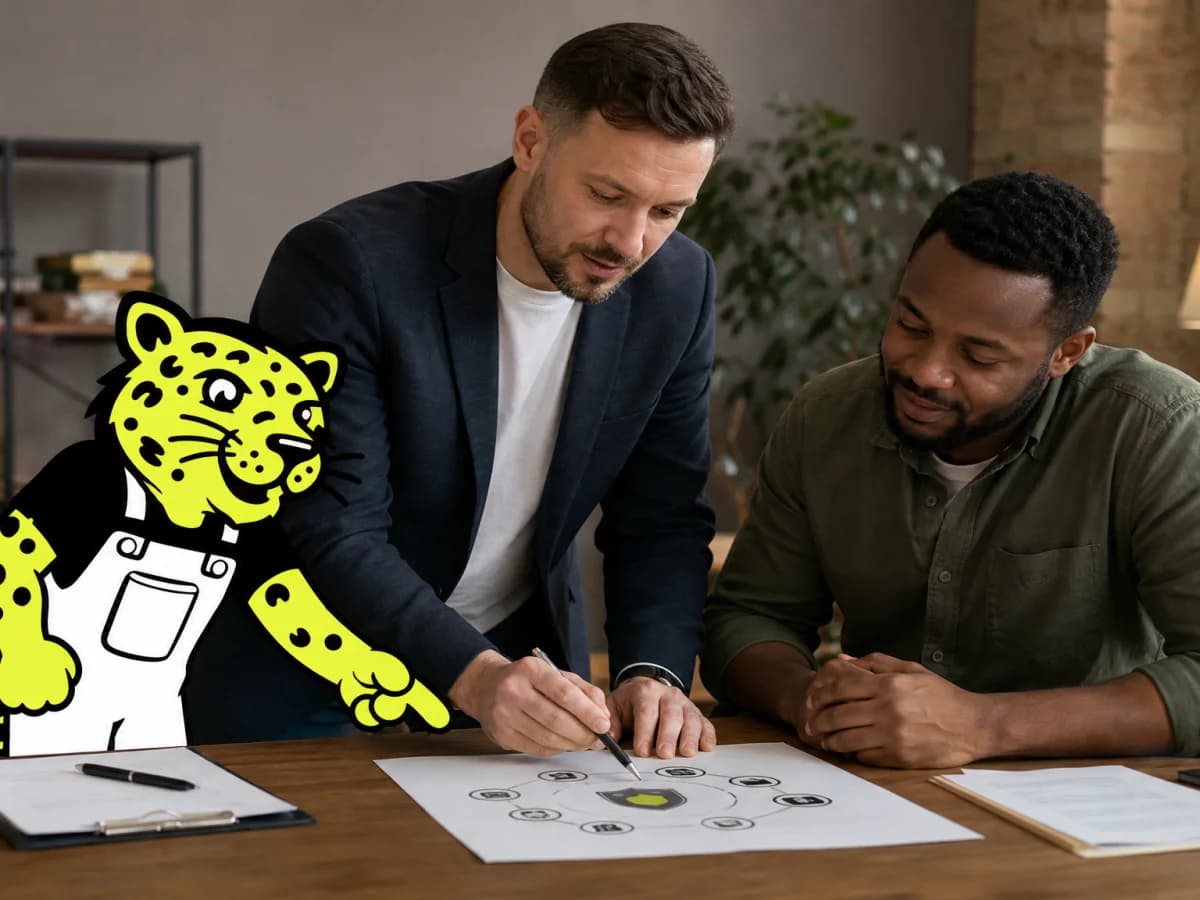Insurance professional reviewing a coverage plan with a client while Leo points to the details