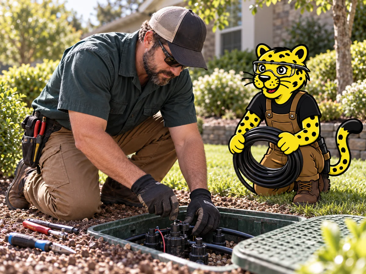 Irrigation technician adjusts a sprinkler system while Leo carries tubing