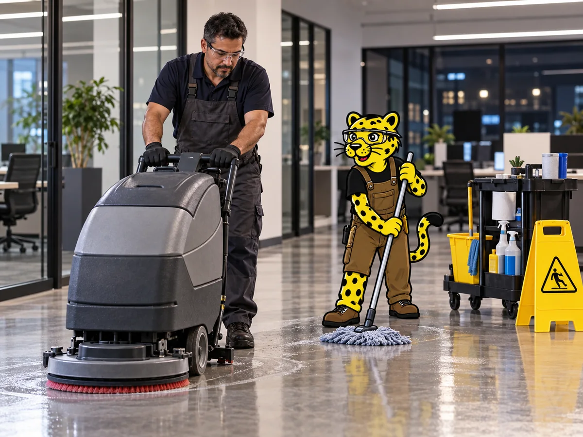 Janitorial professional operates a floor scrubber while Leo mops nearby