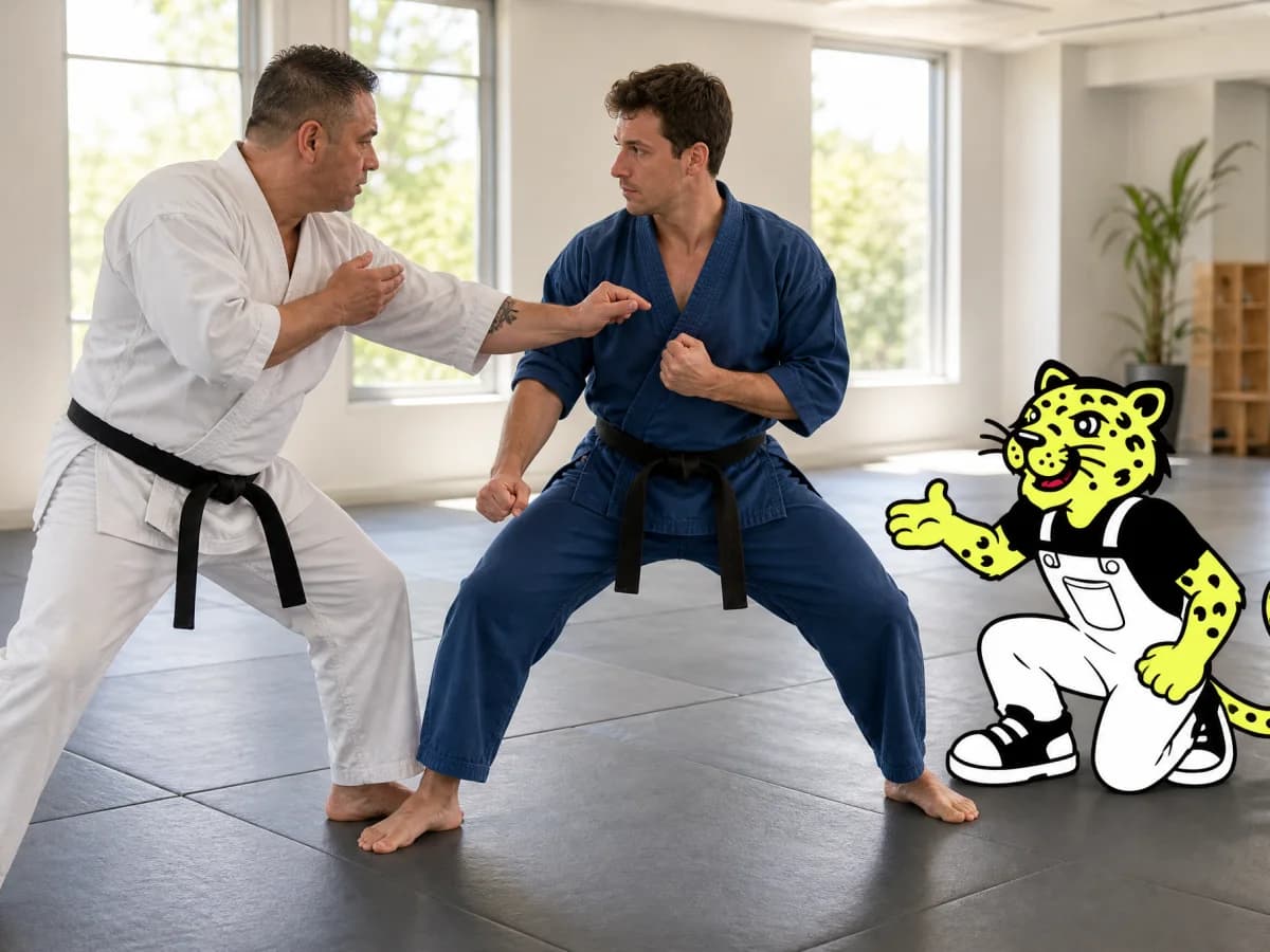 Martial arts instructor coaching a class while Leo assists on the training floor