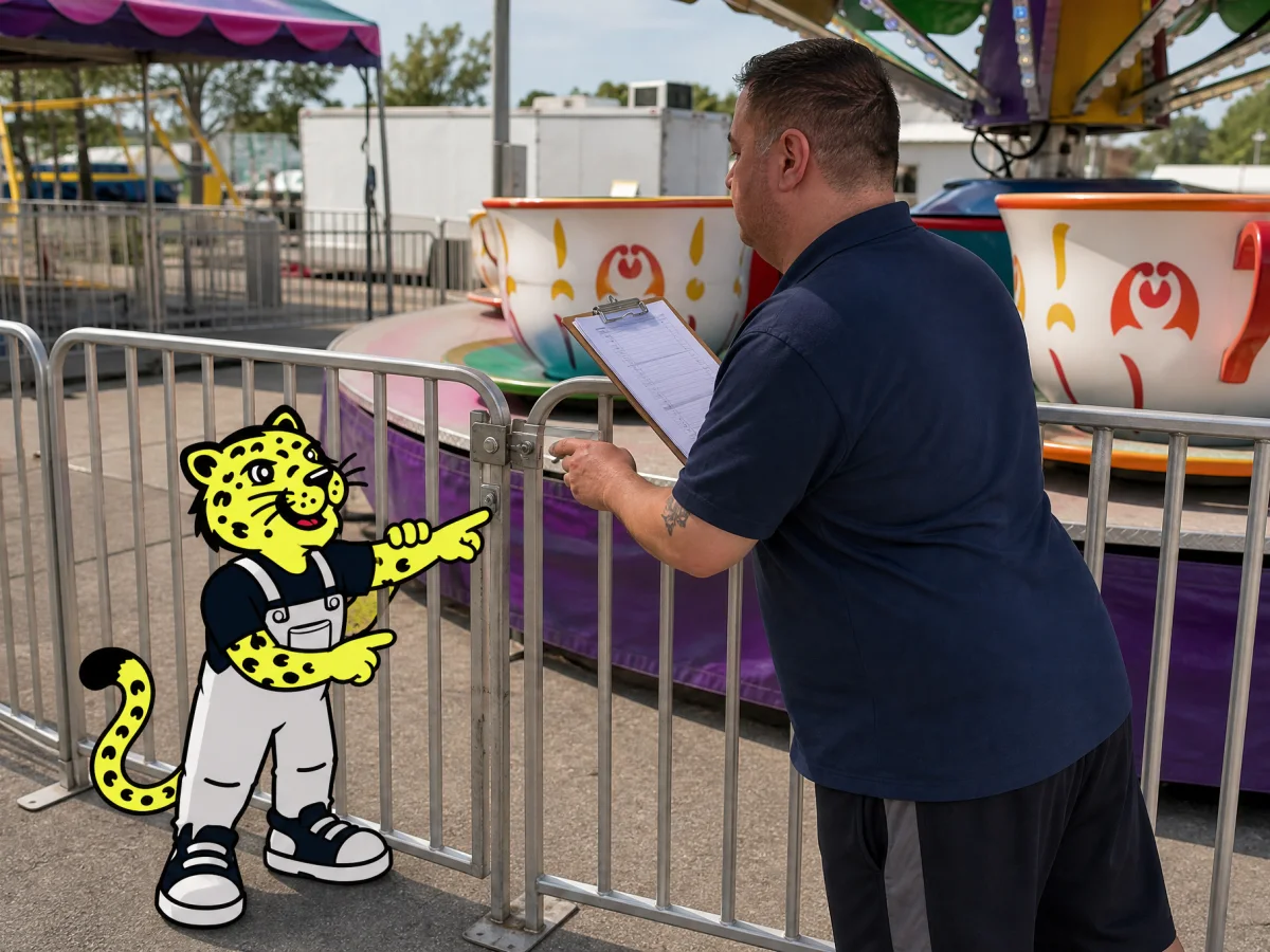 Mobile amusement operator inspecting a ride while Leo helps with the safety check