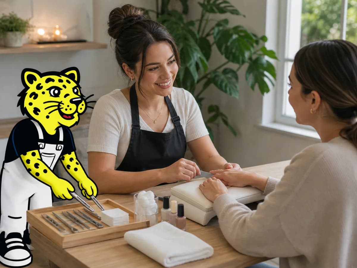 Nail technician serving a client while Leo organizes the tools