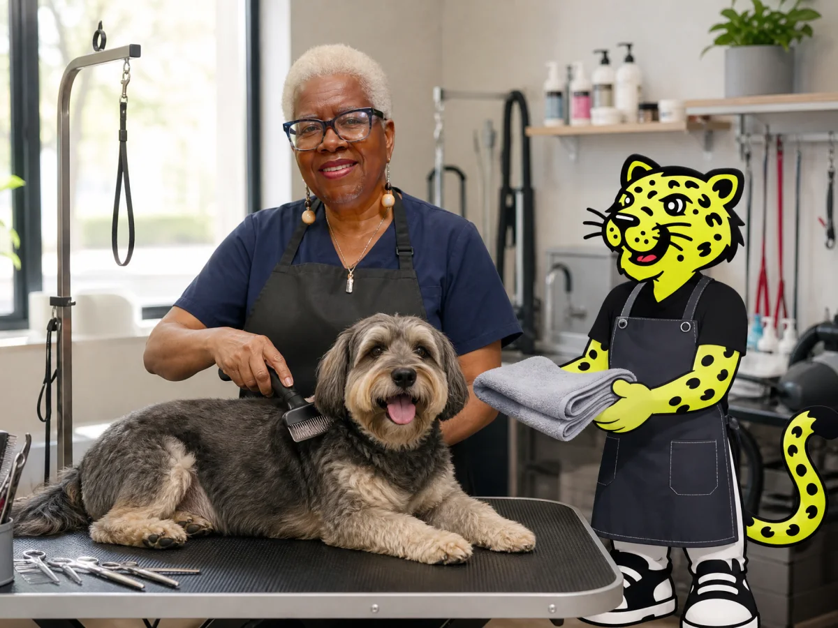 Pet groomer brushing a dog while Leo brings a clean towel