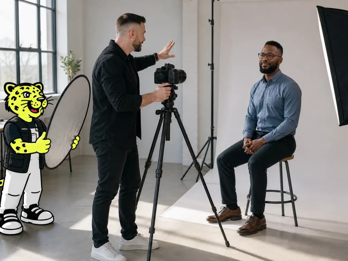 Photographer directing a studio portrait while Leo holds a reflector