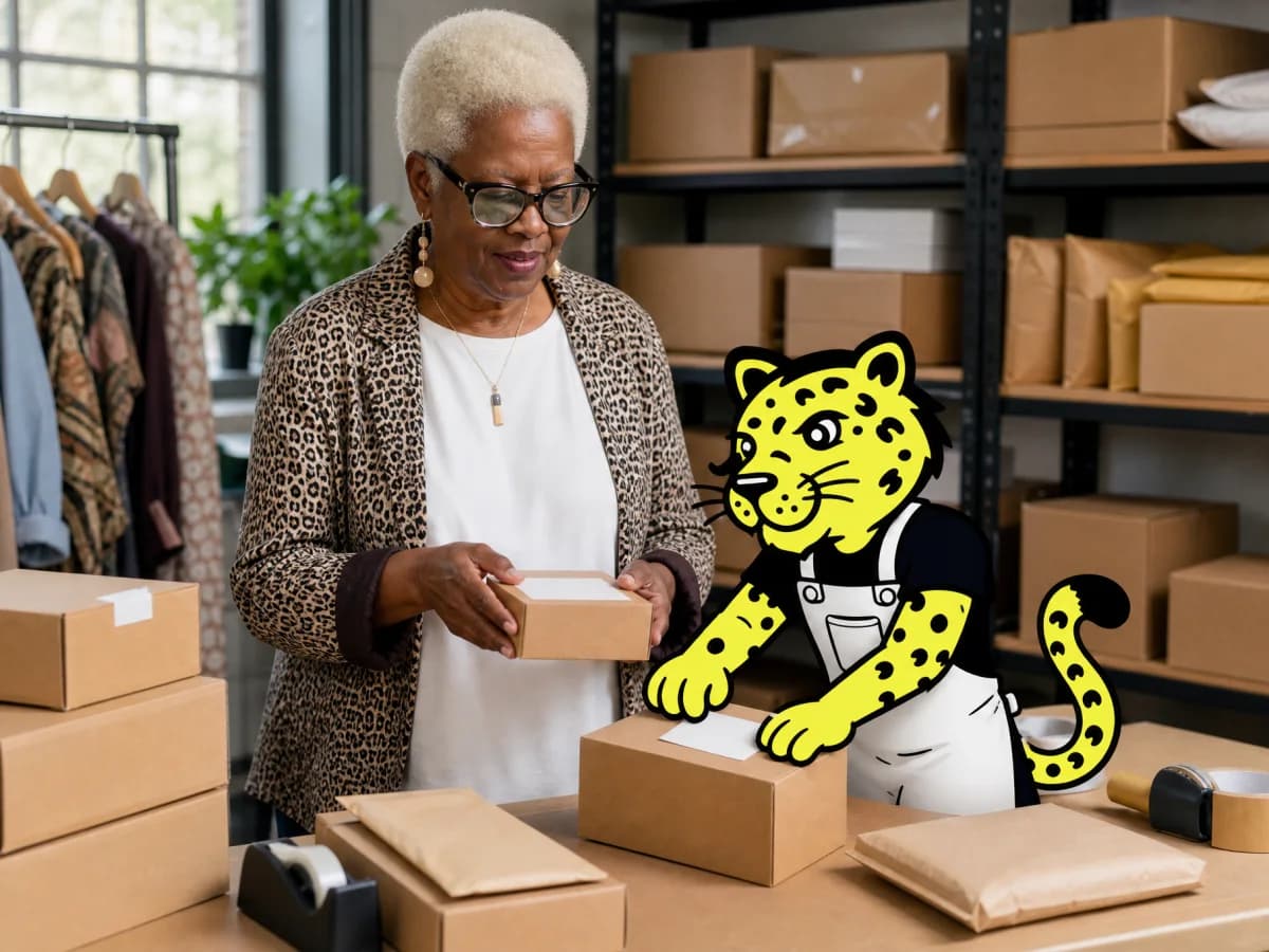 Product seller reviewing packaged goods while Leo helps inspect the inventory