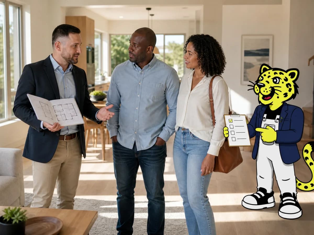 Real estate professional showing a home while Leo reviews the property checklist