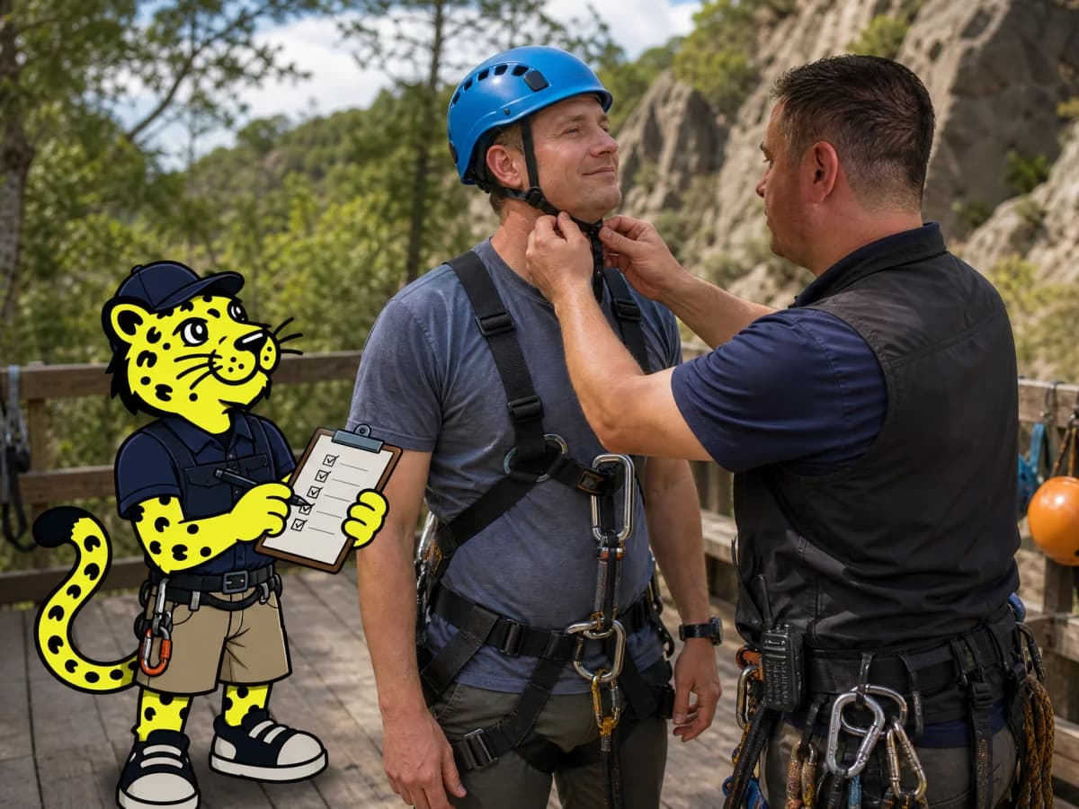 Recreation staff checking a guest's safety gear while Leo reviews the checklist