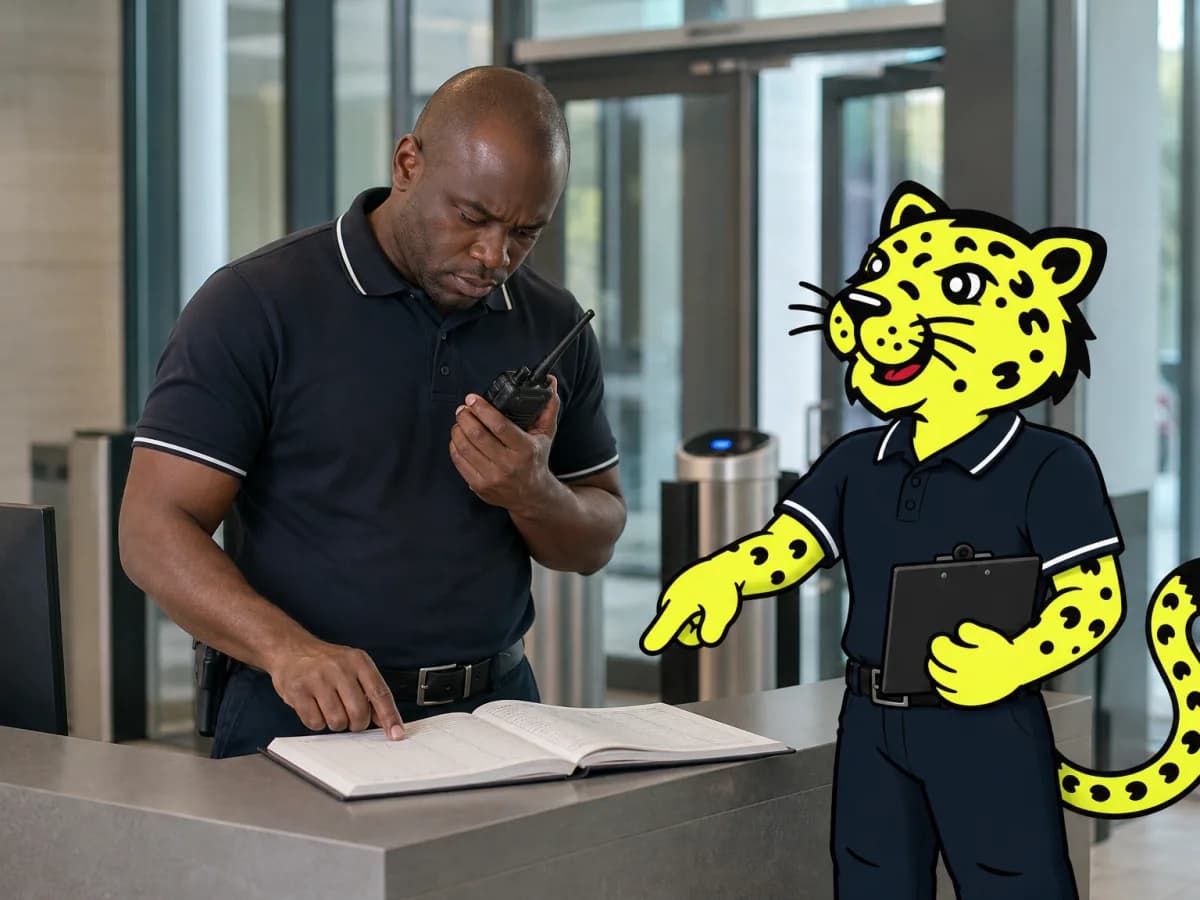 Security guard monitoring a property entrance with Leo assisting