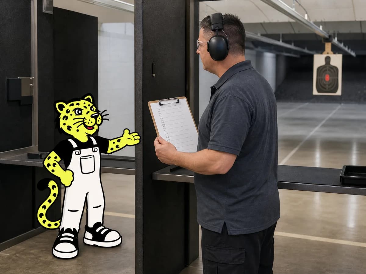 Range instructor coaching an adult guest while Leo helps monitor safety