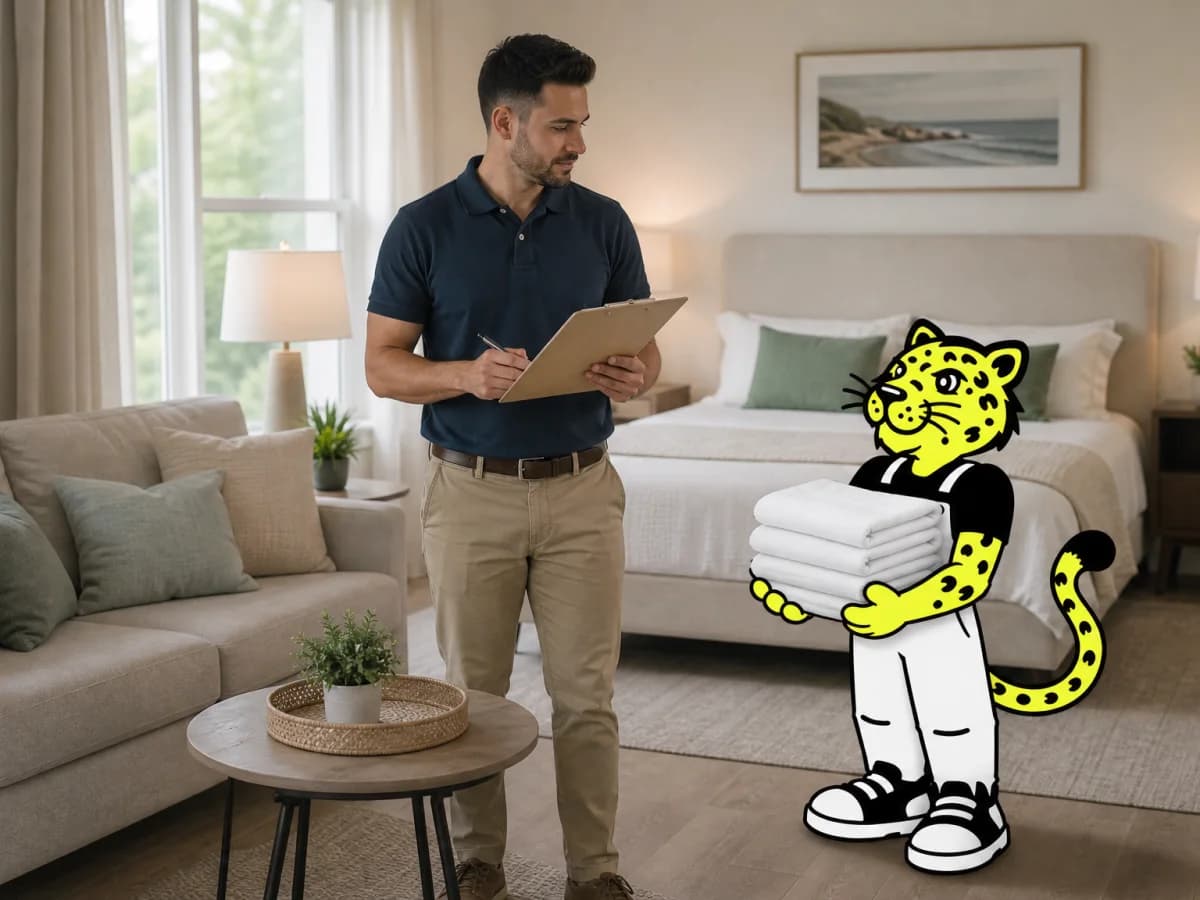 Property manager inspecting a rental home while Leo helps with the checklist