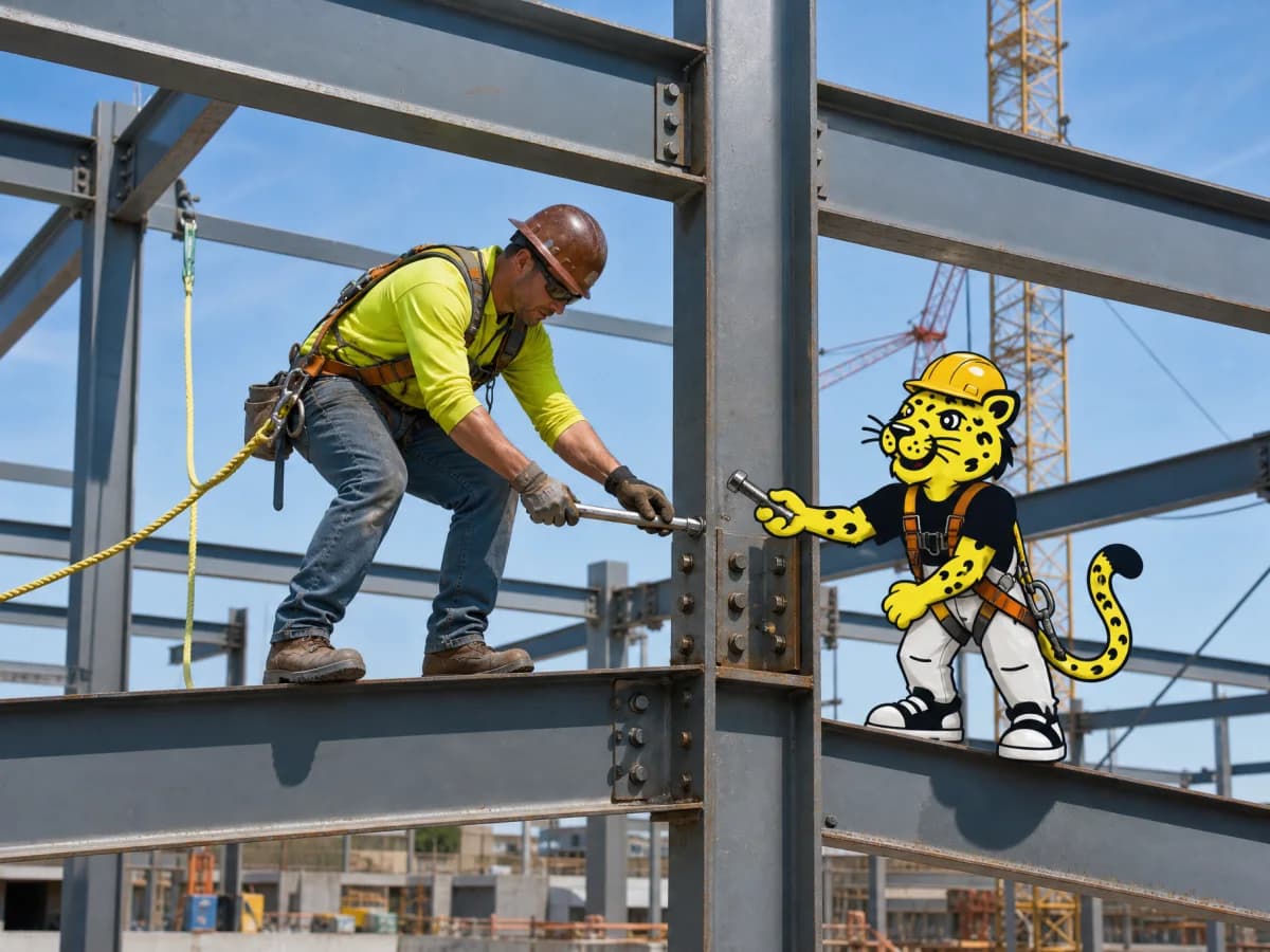 Steel erectors guiding a beam into place while Leo assists from the work platform