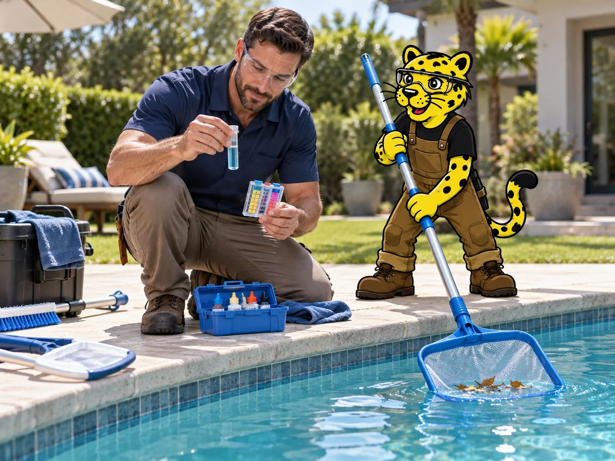 Pool service technician tests and cleans a swimming pool while Leo helps with the equipment