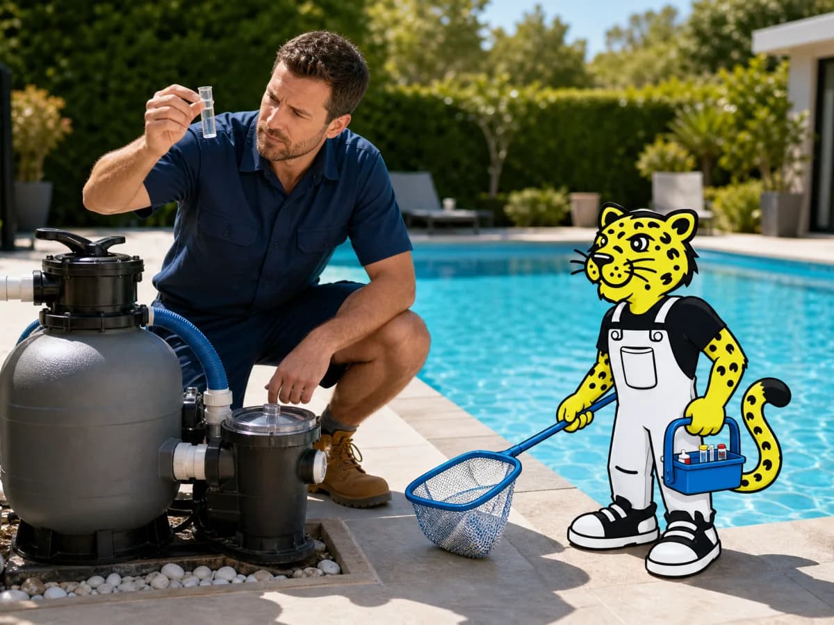 Pool contractor working on a new pool while Leo helps with the equipment