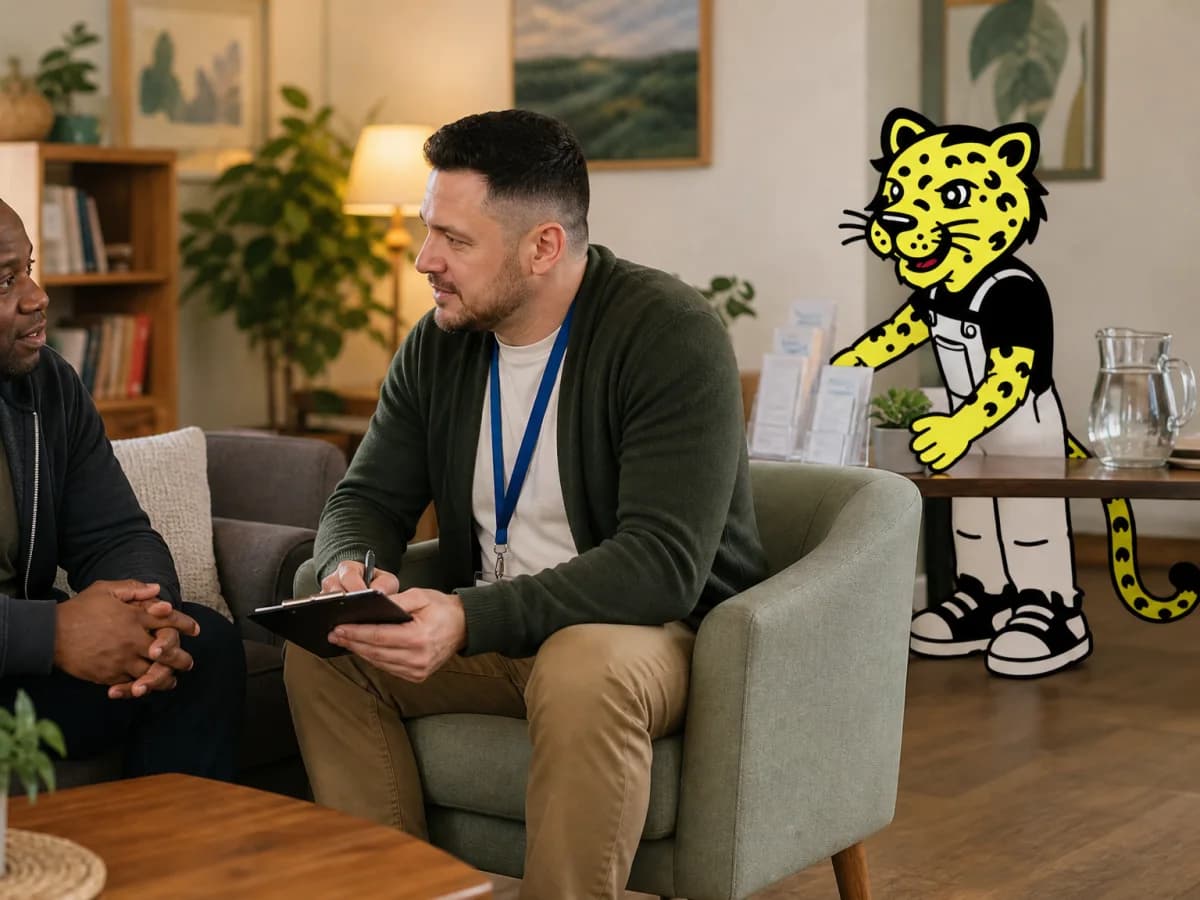 Support professional meeting with a resident while Leo helps prepare the room