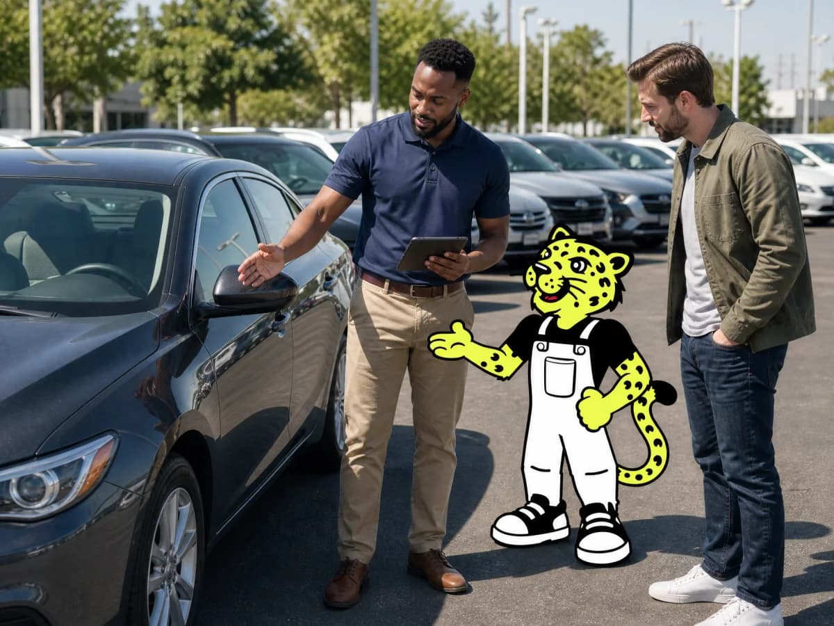Used auto dealer showing a vehicle to a customer while Leo checks the inventory