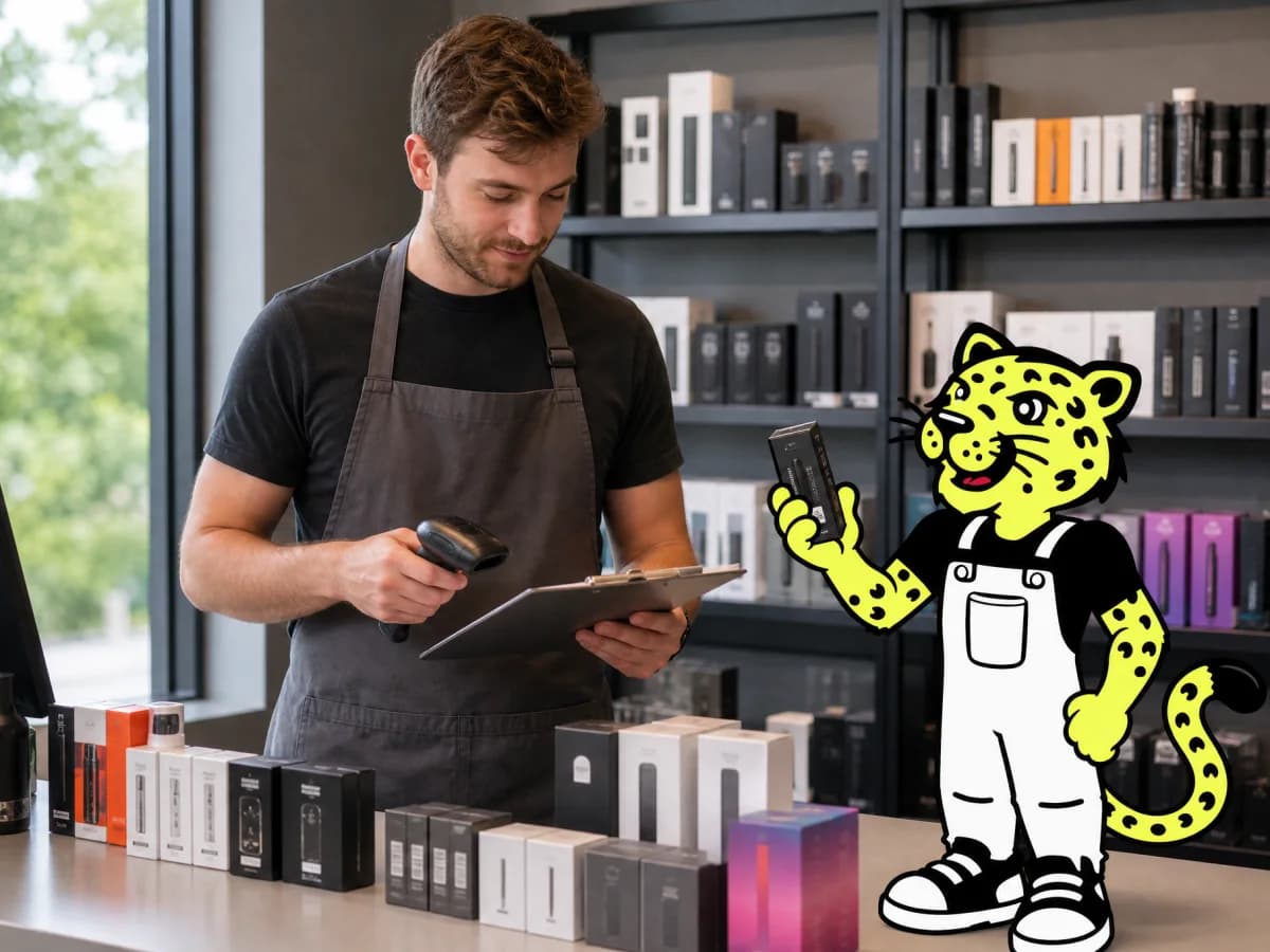 Shop owner arranging merchandise while Leo helps behind the counter