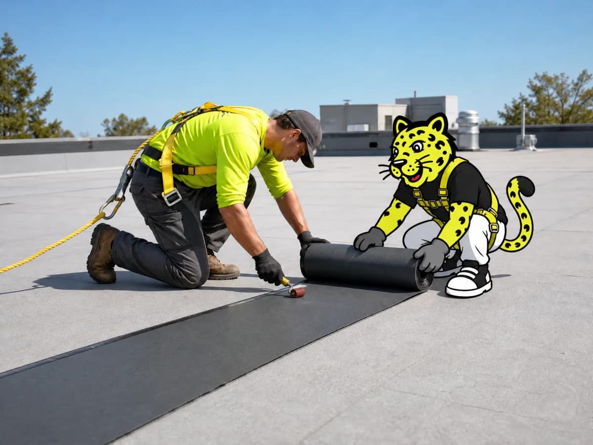 Waterproofing crew applying a membrane while Leo helps prepare the surface