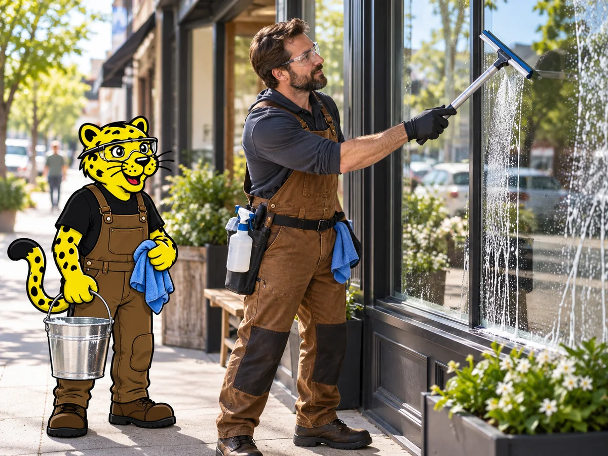 Window cleaner uses a ground-level squeegee while Leo helps with the cleaning tools