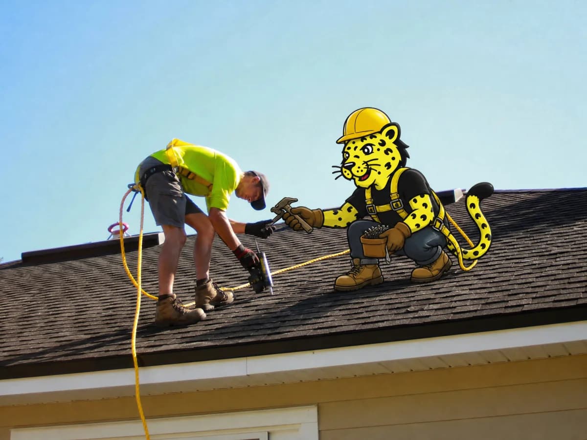 Roofer working beside Leo in a secured safety harness