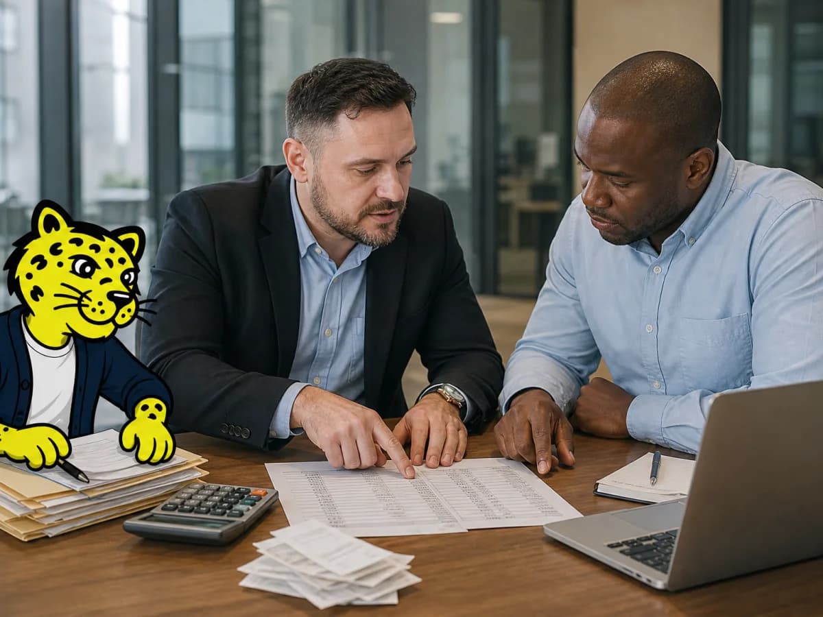 Accounting professionals reviewing financial records while Leo helps with the paperwork