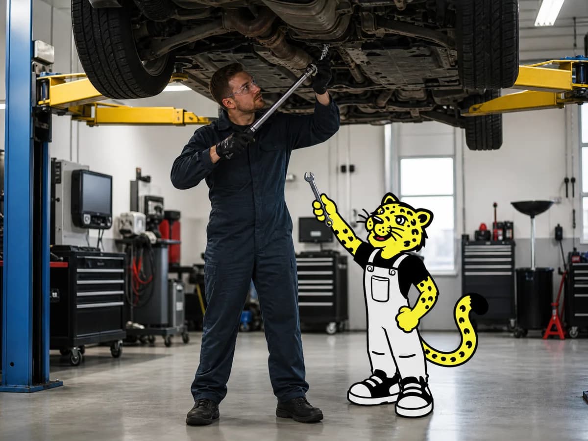 Auto technician repairing a vehicle while Leo helps in the workshop