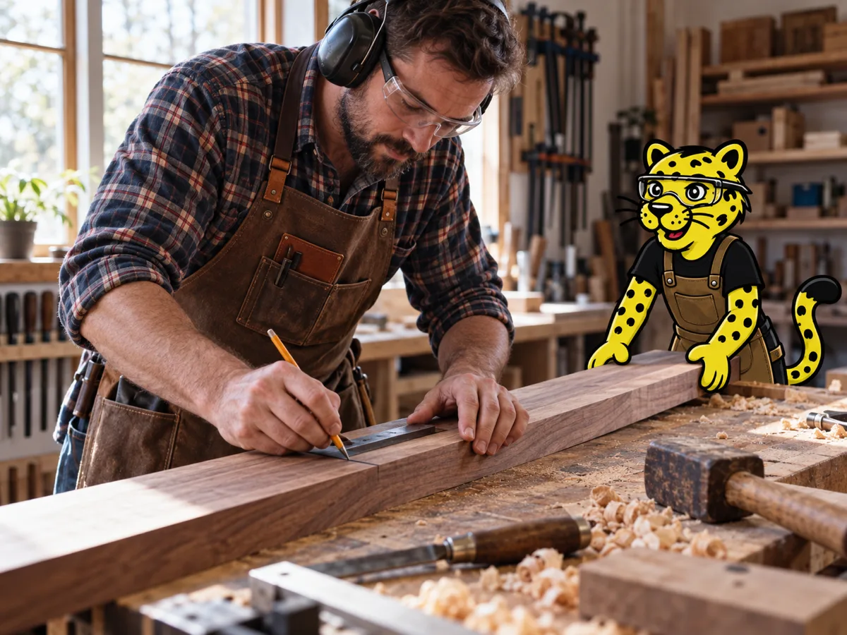 Carpenter marking lumber while Leo steadies the board