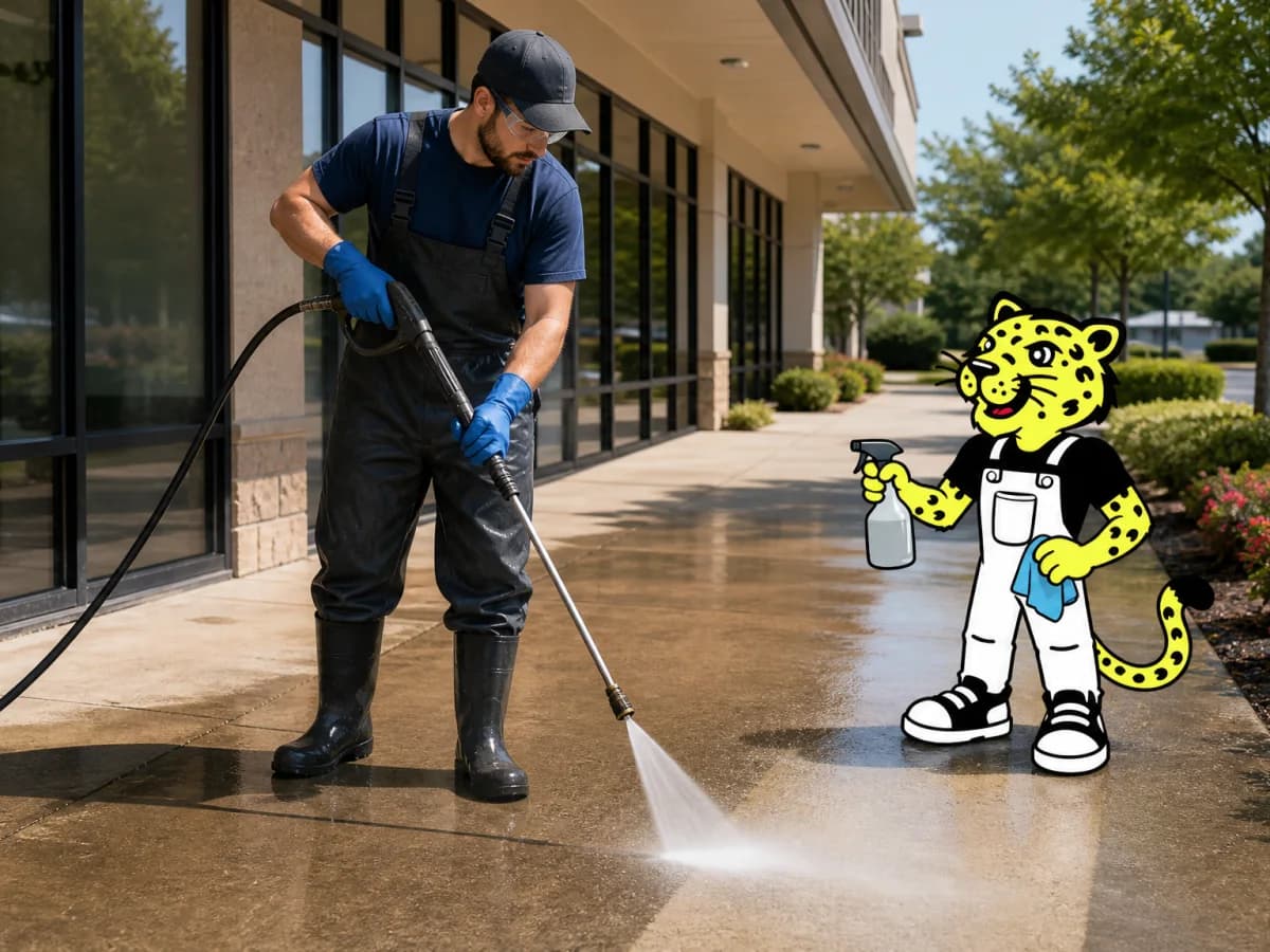 Pressure washing professional cleaning a commercial surface while Leo manages the hose