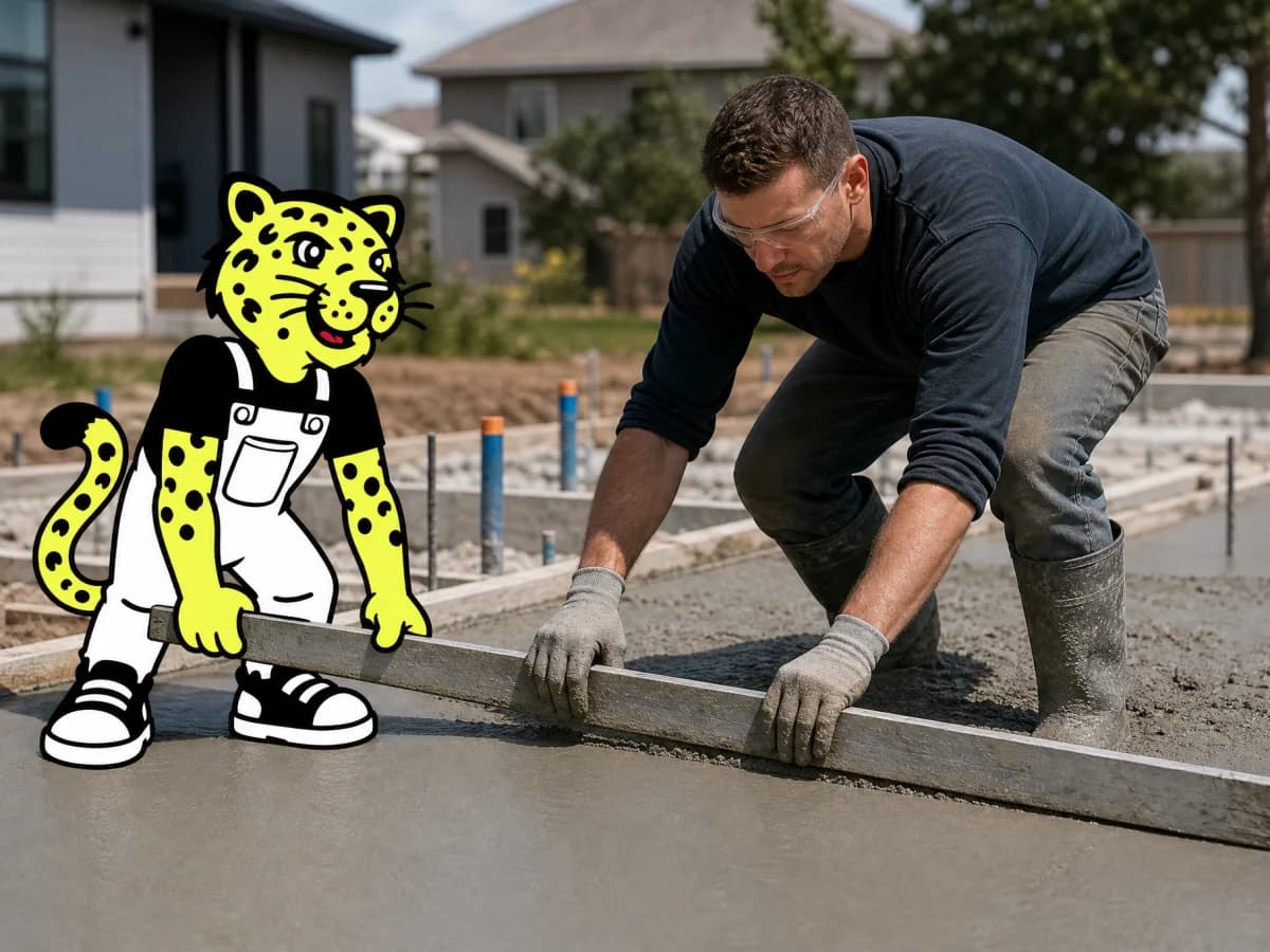 Concrete crew finishing a foundation pour with Leo helping beside them