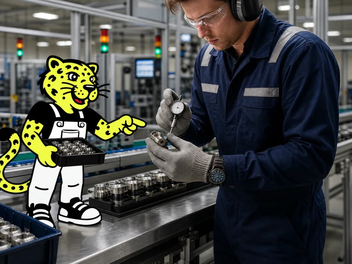 Factory worker operating production equipment while Leo assists with quality checks