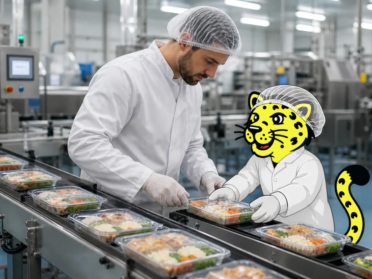 Food production worker preparing packaged goods while Leo assists on the line