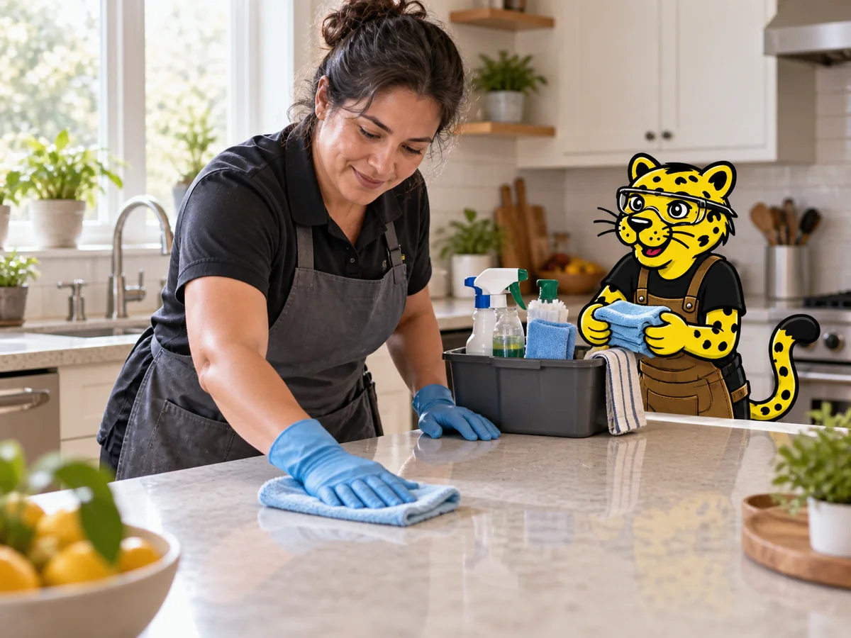 Residential cleaner wipes a kitchen counter while Leo carries a microfiber cloth