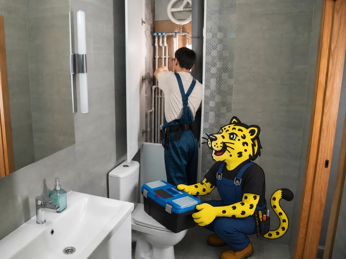 Plumber working under a sink with help from Leo