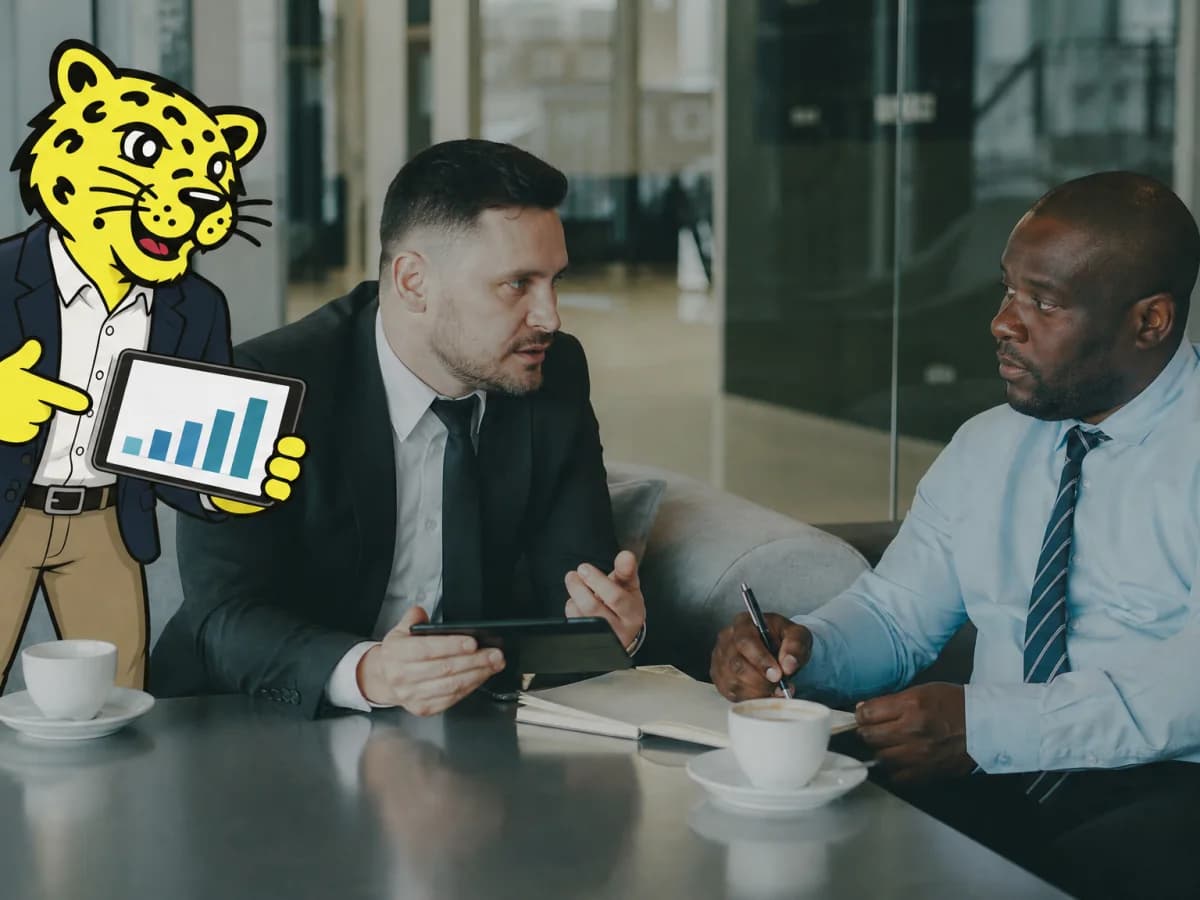 Consultant reviewing plans with a client and Leo