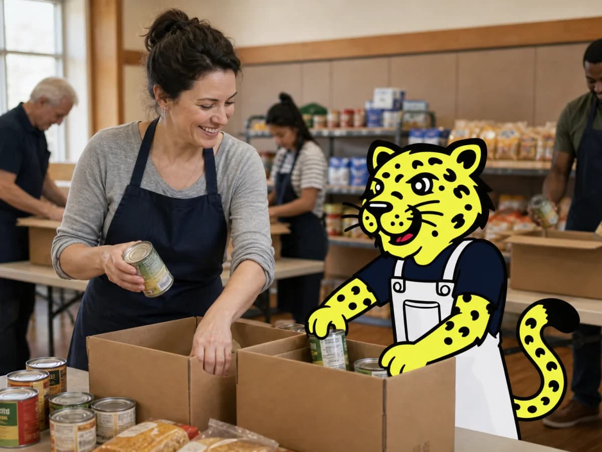 Community volunteers packing food donations while Leo helps fill a box