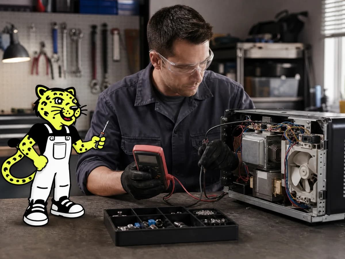 Repair technician testing an appliance while Leo offers a screwdriver