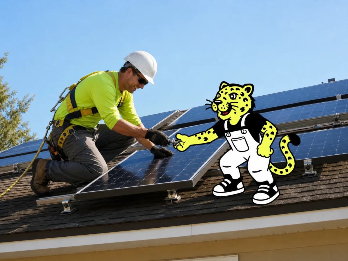 Solar installer securing rooftop panels while Leo assists with the installation