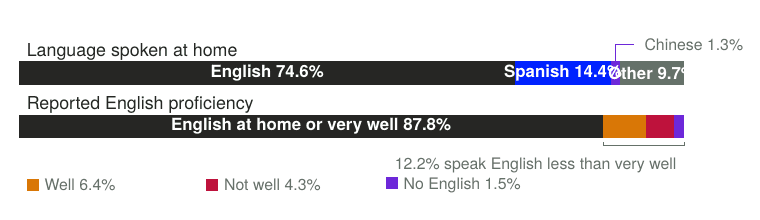Stacked bars showing language spoken at home and reported English proficiency among self-employed Americans